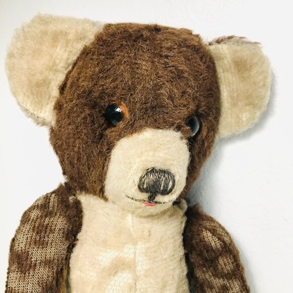 Antique Mohair Bear Two Tone Brown & White Jointed Glass Eyes Claws Tongue Teddy - Picture 8 of 15